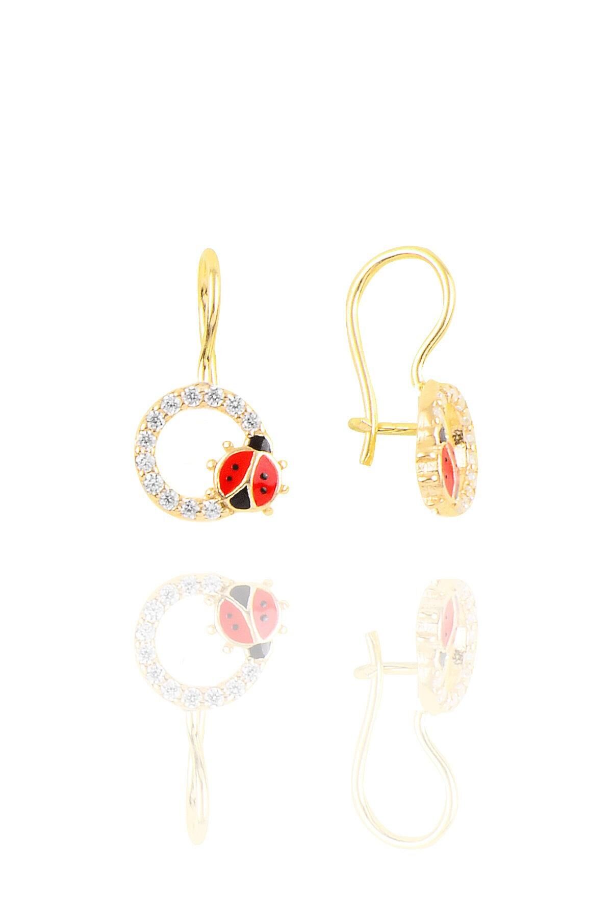 Gümüş altın yaldızlı mineli zirkon taşlı çengelli uğur böceği çocuk küpesi SGTL11480GOLD