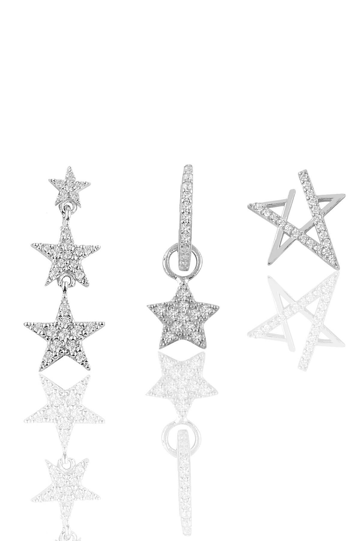 Gümüş rodyumlu zirkon taşlı yıldızlar kombin küpe SGTL11902RODAJ