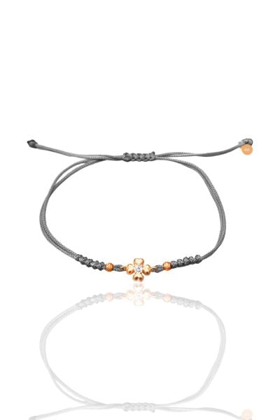 Gümüş rose zirkon taşlı dorica toplu gri ipli yonca şans bileklik SGTL12525GRI
