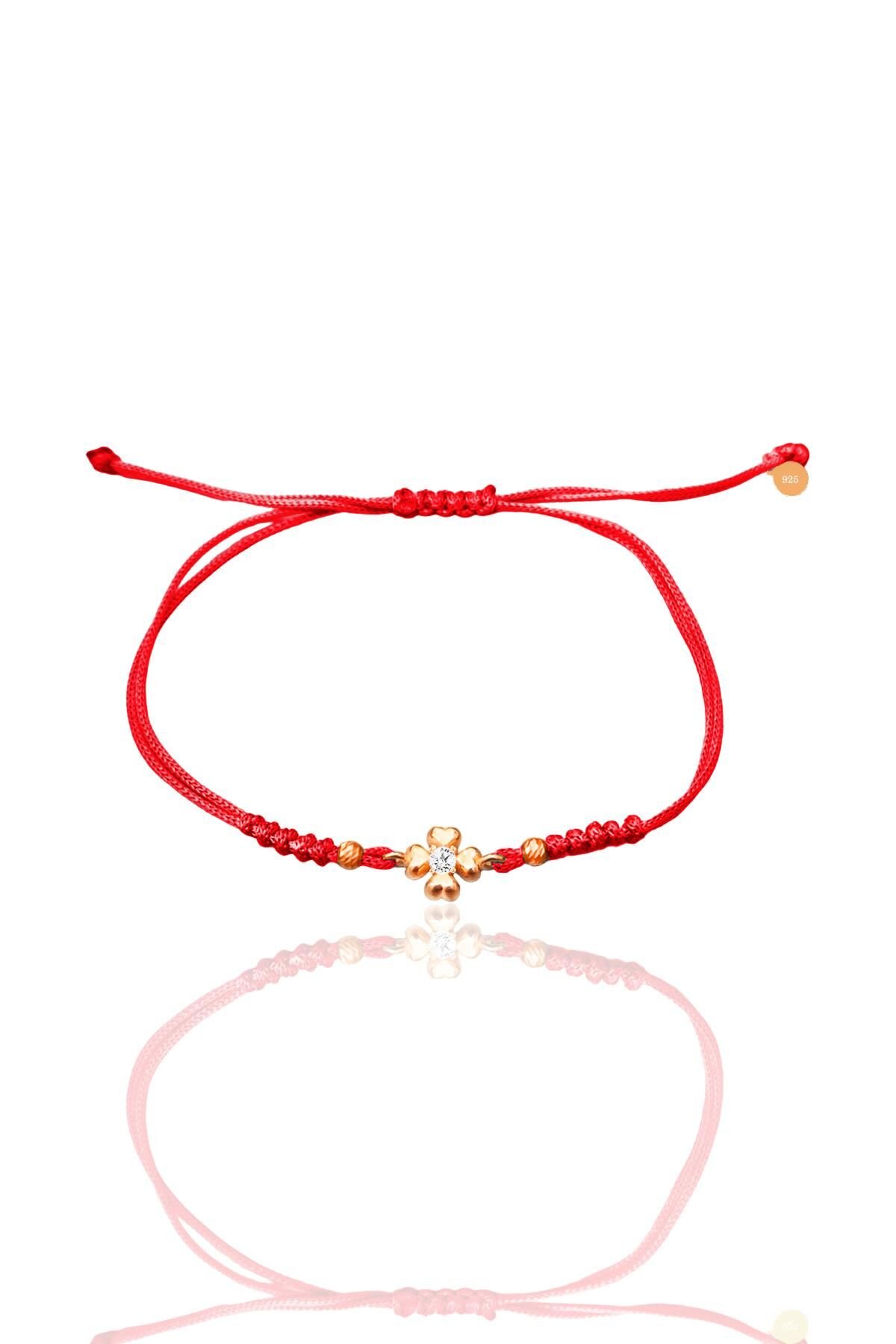 Gümüş rose zirkon taşlı dorica toplu kırmızı ipli yonca şans bileklik SGTL12525KIRMIZI