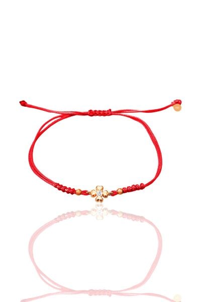 Gümüş rose zirkon taşlı dorica toplu kırmızı ipli yonca şans bileklik SGTL12525KIRMIZI