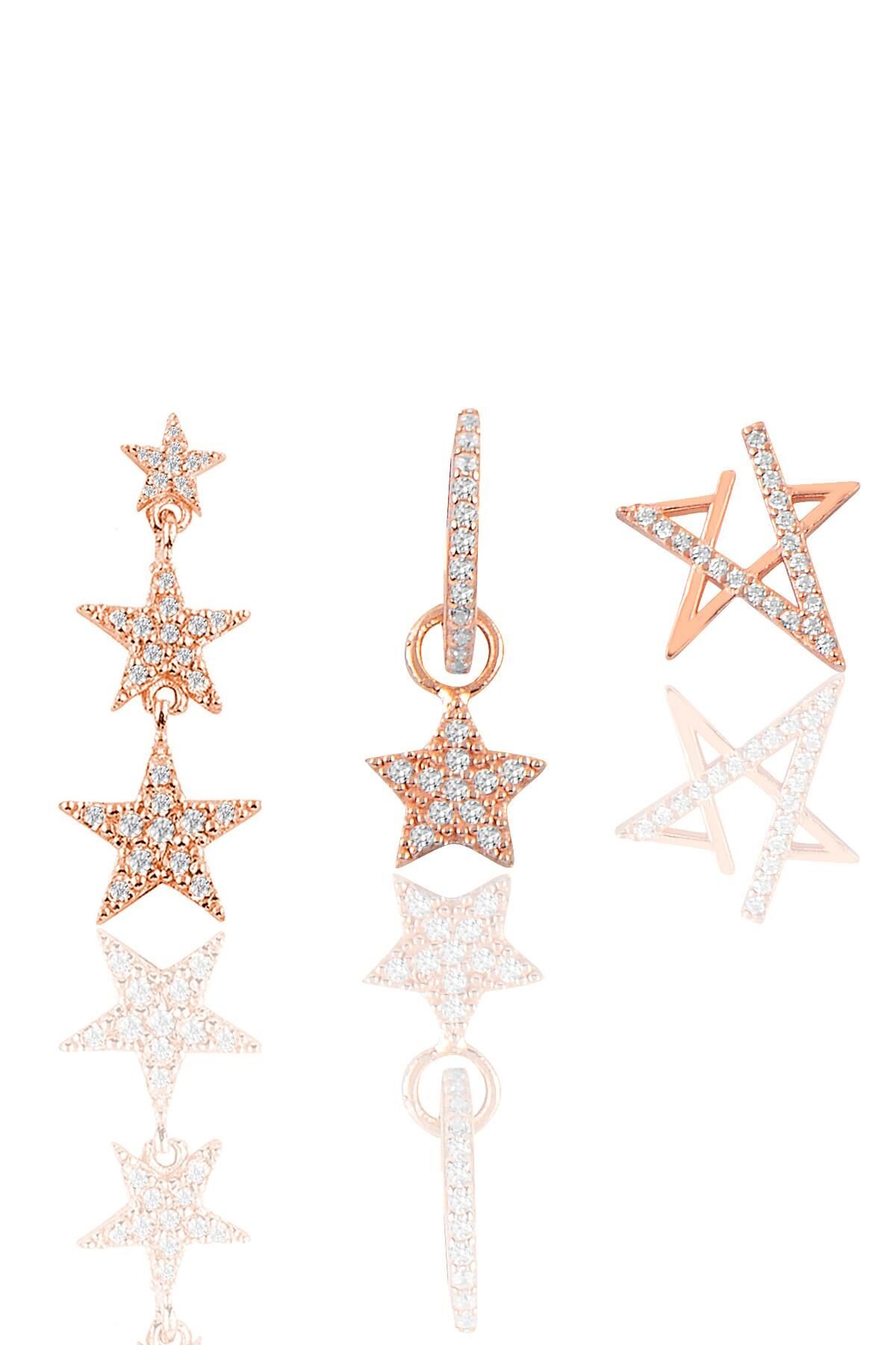 Gümüş rose zirkon taşlı yıldızlar kombin küpe SGTL11902ROSE