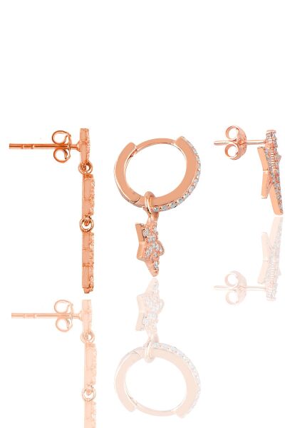 Gümüş rose zirkon taşlı yıldızlar kombin küpe SGTL11902ROSE