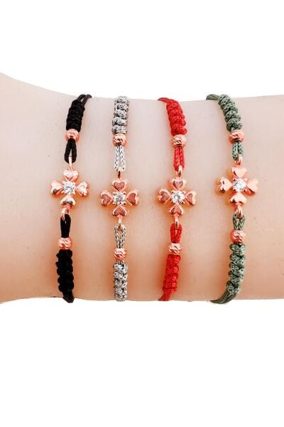 Gümüş rose zirkon taşlı dorica toplu siyah ipli yonca şans bileklik SGTL12525SIYAH