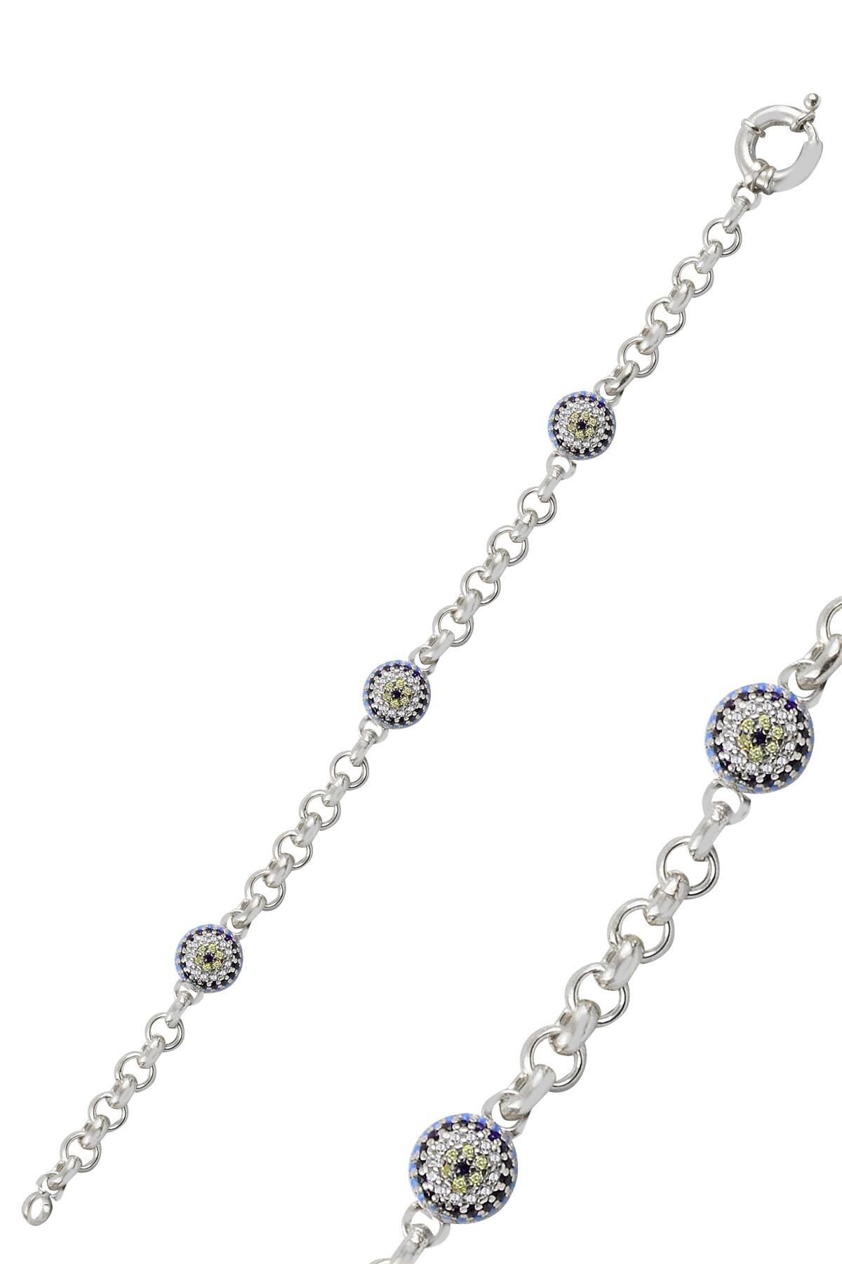 Gümüş büyük boy turkuaz taşlı nazarlı bileklik Rodaj(beyaz)