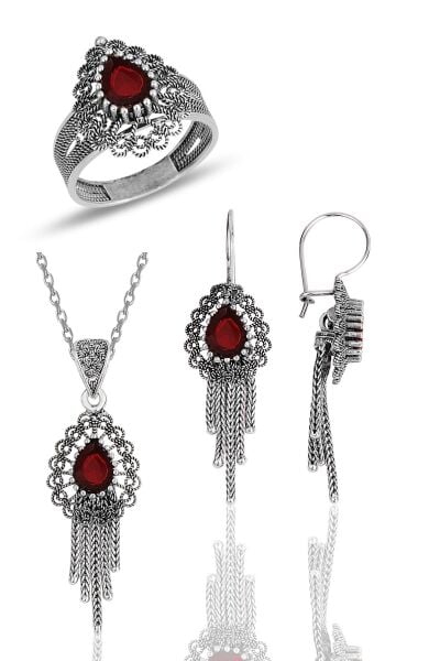 Gümüş kök yakut taşlı, püsküllü, oksitli telkari üçlü set SGTL11901KIRMIZI