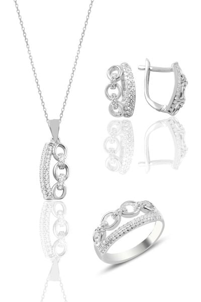 Gümüş zincir modeli zirkon taşlı üçlü set SGTL9077