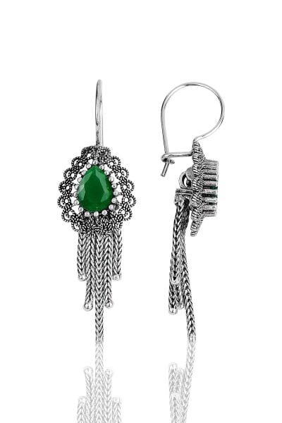 Gümüş kök zümrüt taşlı, püsküllü, oksitli telkari üçlü set SGTL11901YESIL