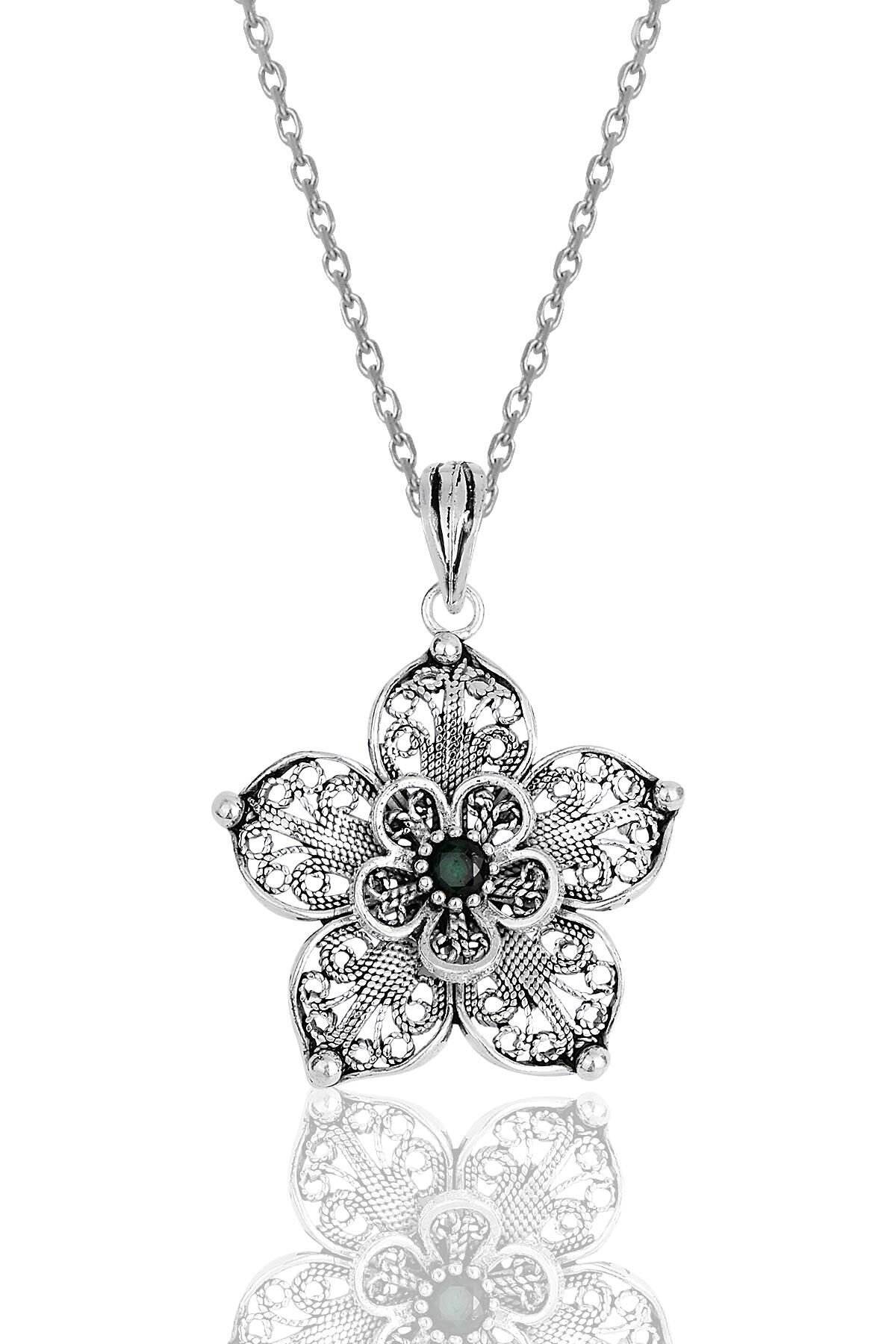 Gümüş kök zümrüt taşlı oksitli telkari işlemeli kolye SGTL11899YESIL