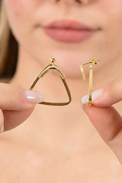 925 ayar gümüş küpe altın yaldızlı tasarım üçgen şekilli şarnel küpe SGTL13155GOLD