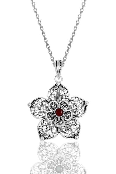 Gümüş kök yakut taşlı oksitli telkari işlemeli kolye SGTL11899KIRMIZI