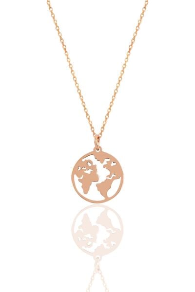 Gümüş rose dünya haritası kolye  SGTL11329ROSE