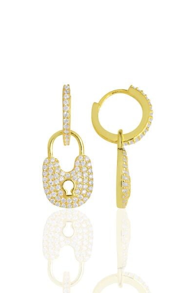 Gümüş altın yaldızlı zirkon taşlı kilit küpe SGTL11622GOLD