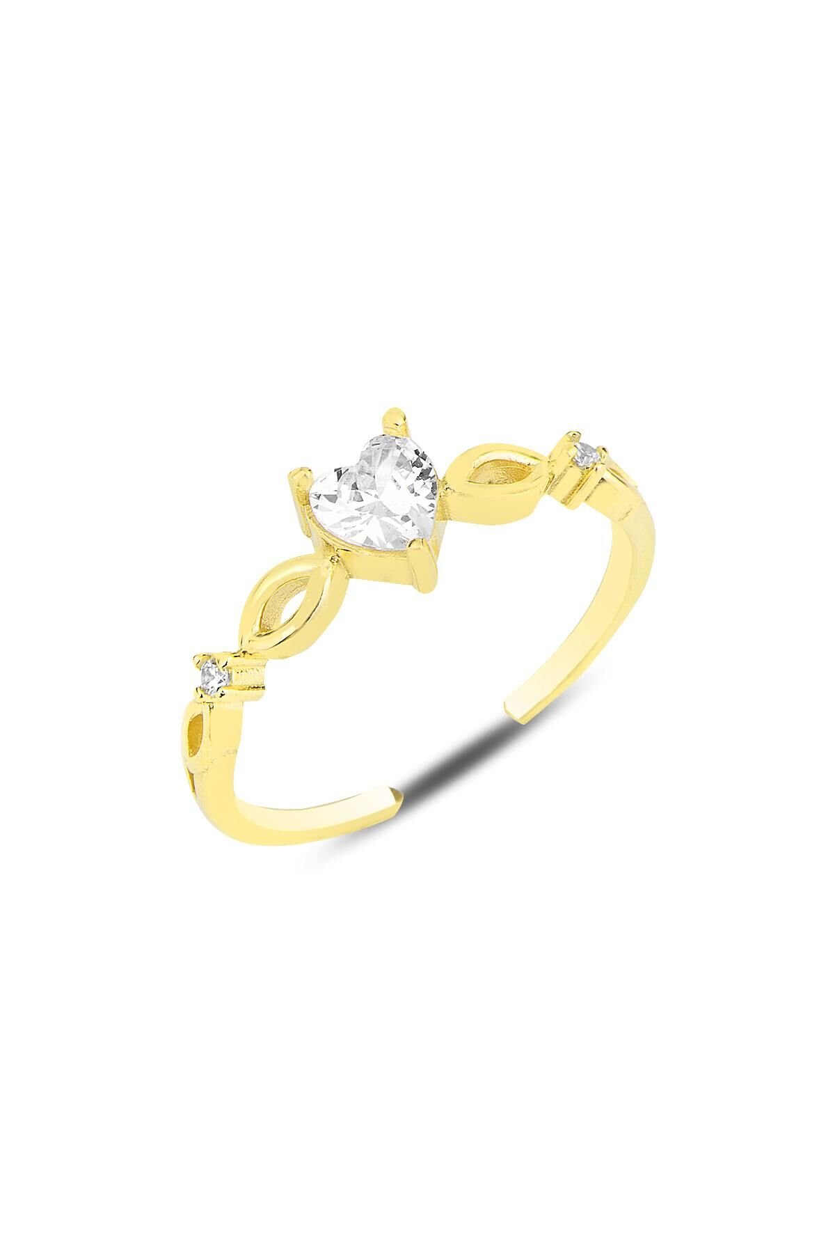 Gümüş altın yaldızlı zirkon taşlı tek taş kalp modeli ayarlamalı yüzük SGTL12154GOLD