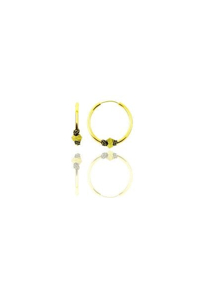 Gümüş altın yaldızlı 14 mm işlemeli halka küpe SGTL11277GOLD