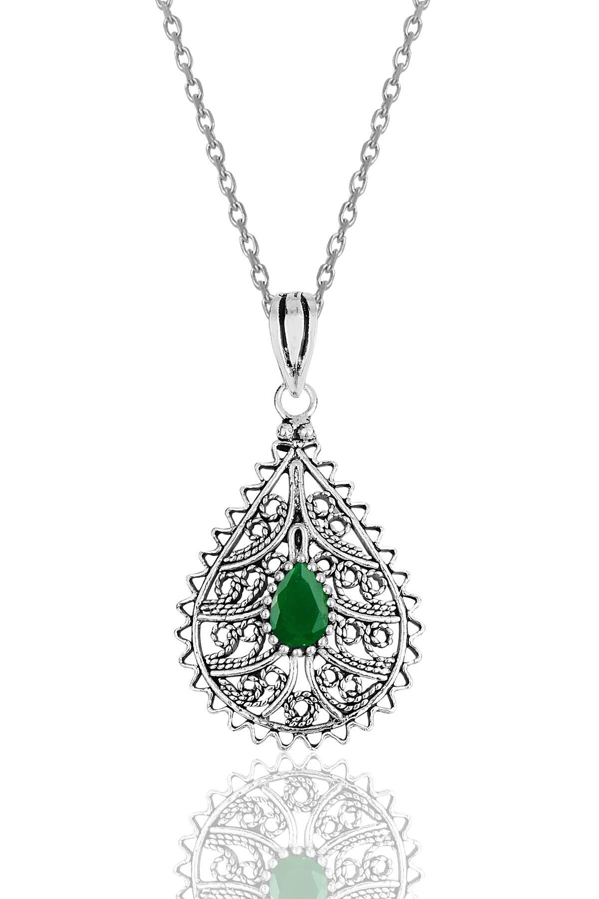 Gümüş kök zümrüt taşlı oksitli telkari işlemeli kolye SGTL11897YESIL