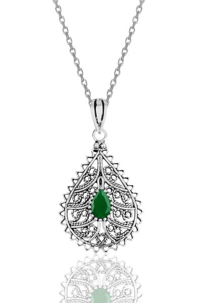Gümüş kök zümrüt taşlı oksitli telkari işlemeli kolye SGTL11897YESIL