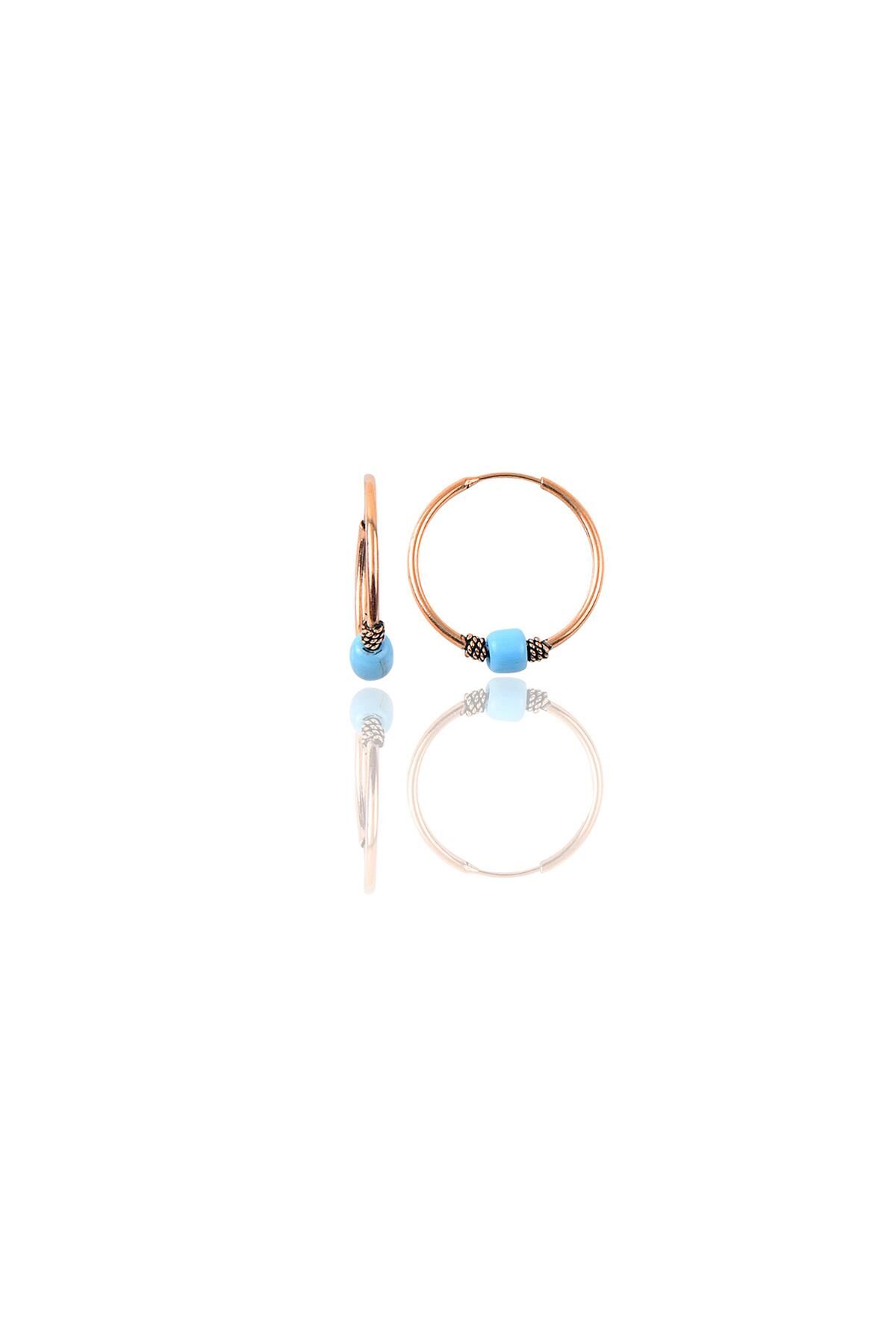 Gümüş rose 14 mm turkuaz taşlı halka küpe SGTL11276ROSE