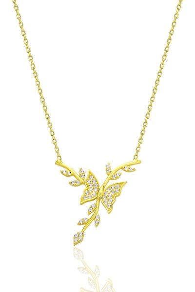 Gümüş altın yaldızlı zirkon taşlı dalda dans eden kelebek kolye SGTL12681GOLD