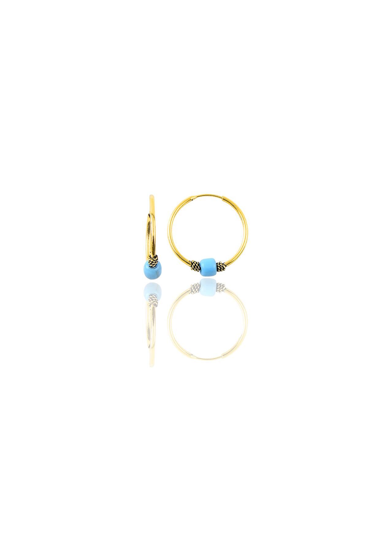 Gümüş altın yaldızlı 14 mm  turkuaz taşlı halka küpe SGTL11276GOLD