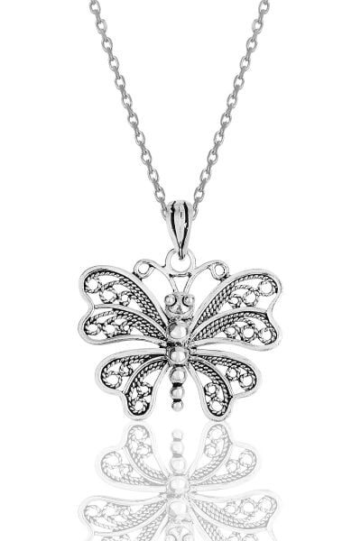 Gümüş oksitli  telkari işlemeli kelebek kolye SGTL11896