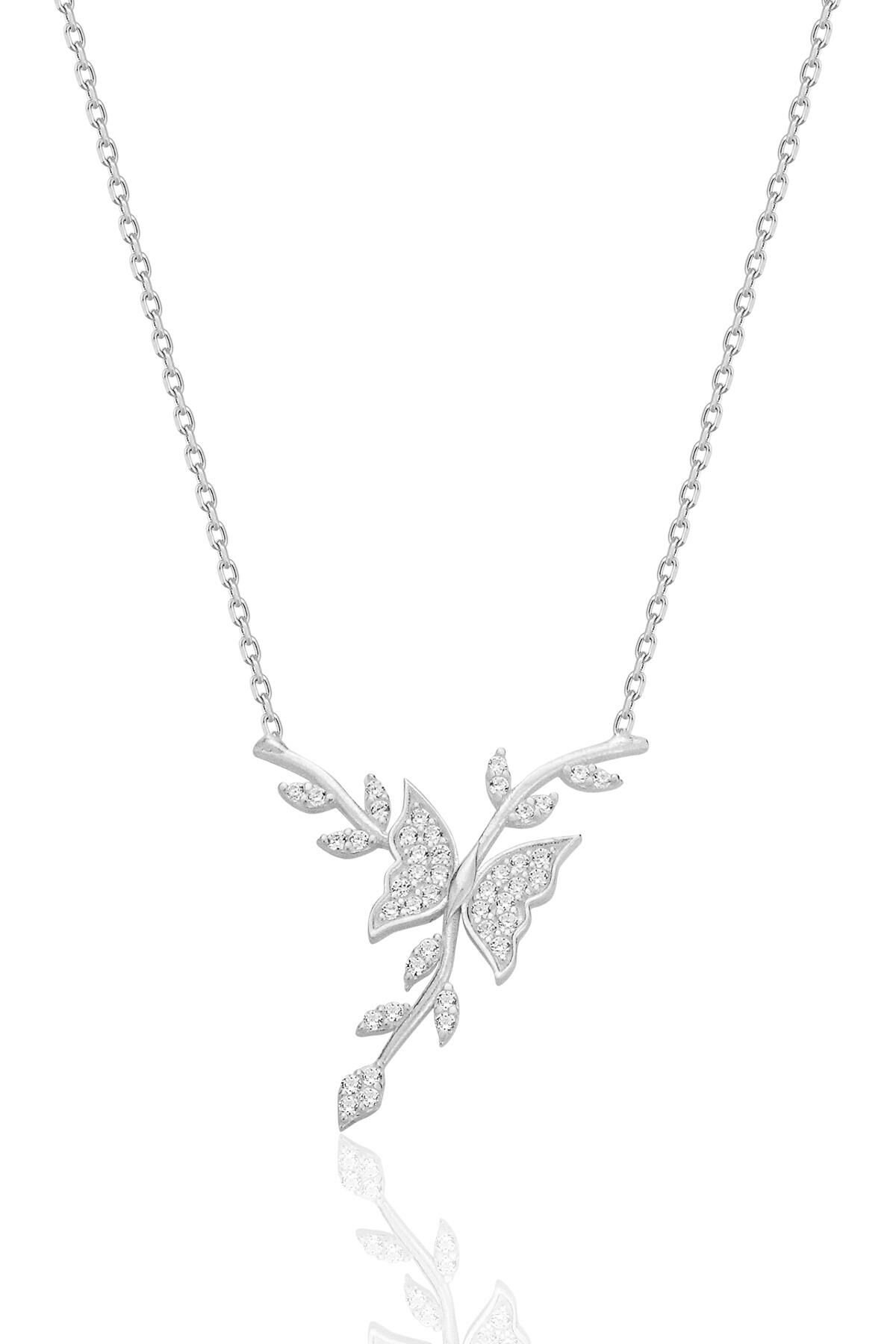 Gümüş rodyumlu zirkon taşlı dalda dans eden kelebek kolye SGTL12681RODAJ