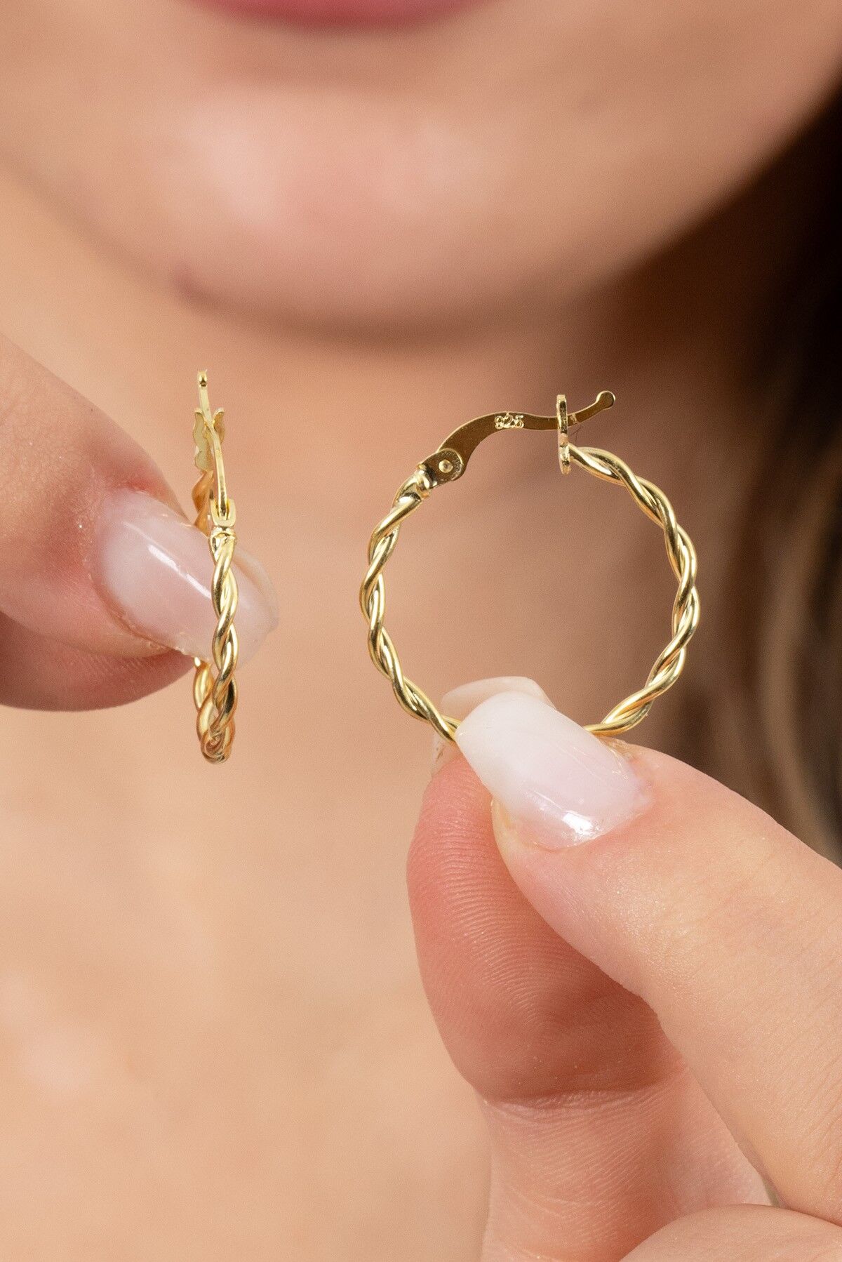 925 ayar gümüş küpe altın yaldızlı çift burma şarnel halka küpe SGTL13158GOLD