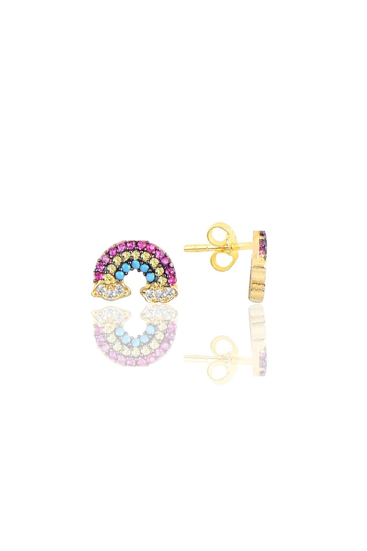 Gümüş altın yaldızlı renkli taşlı gökkuşağı küpe SGTL10579GOLD