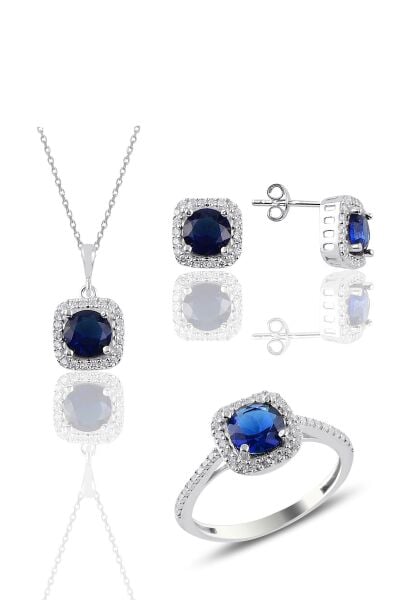 Gümüş rodyumlu safir taşlı kare üçlü set SGTL10762SAFIR