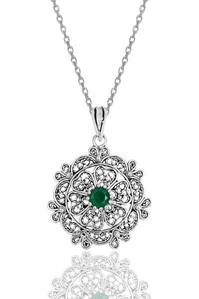 Gümüş kök zümrüt taşlı oksitli  telkari işlemeli kolye SGTL11894YESIL