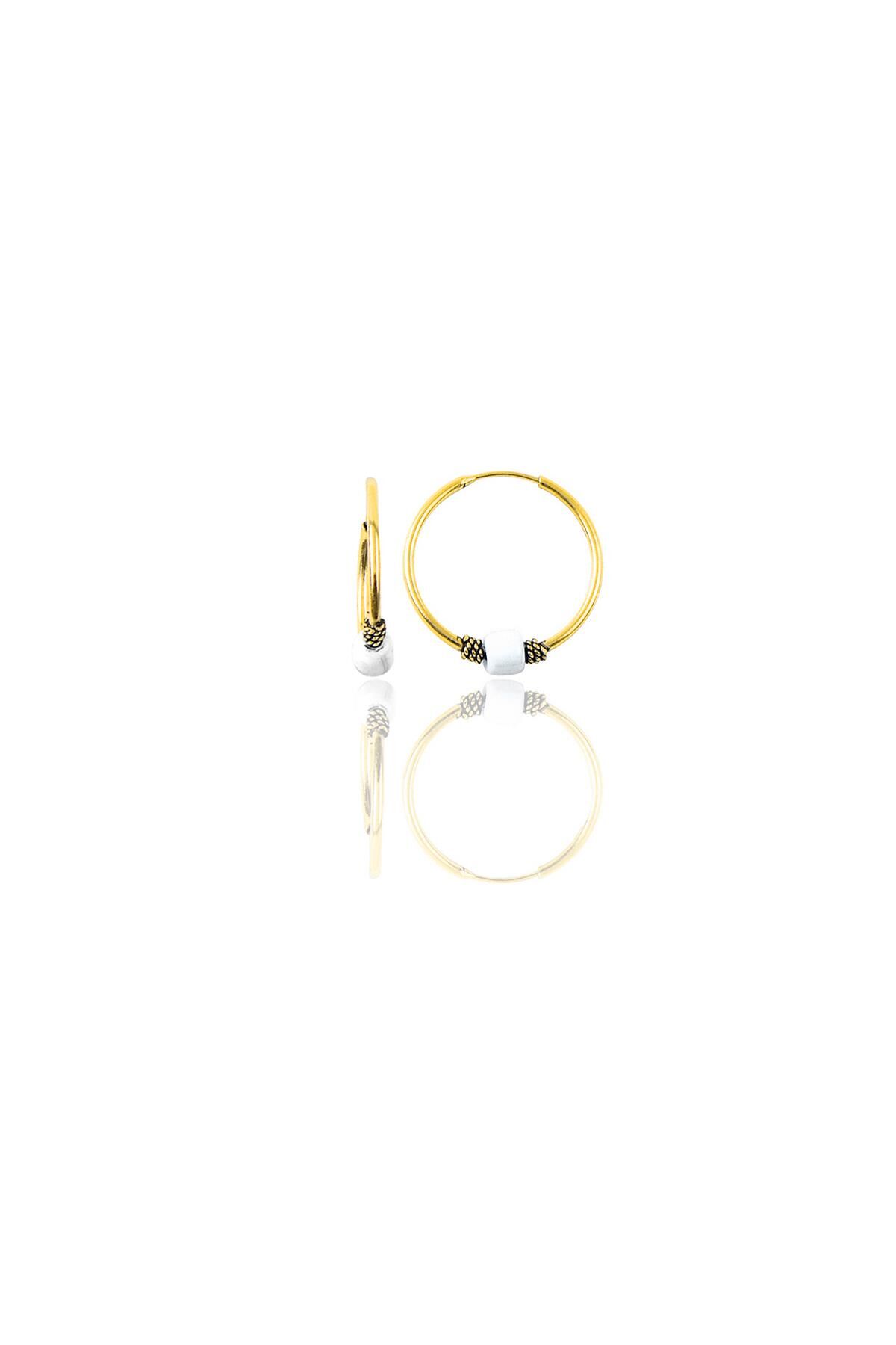 Gümüş altın yaldızlı 14 mm  beyaz taşlı halka küpe SGTL11275GOLD