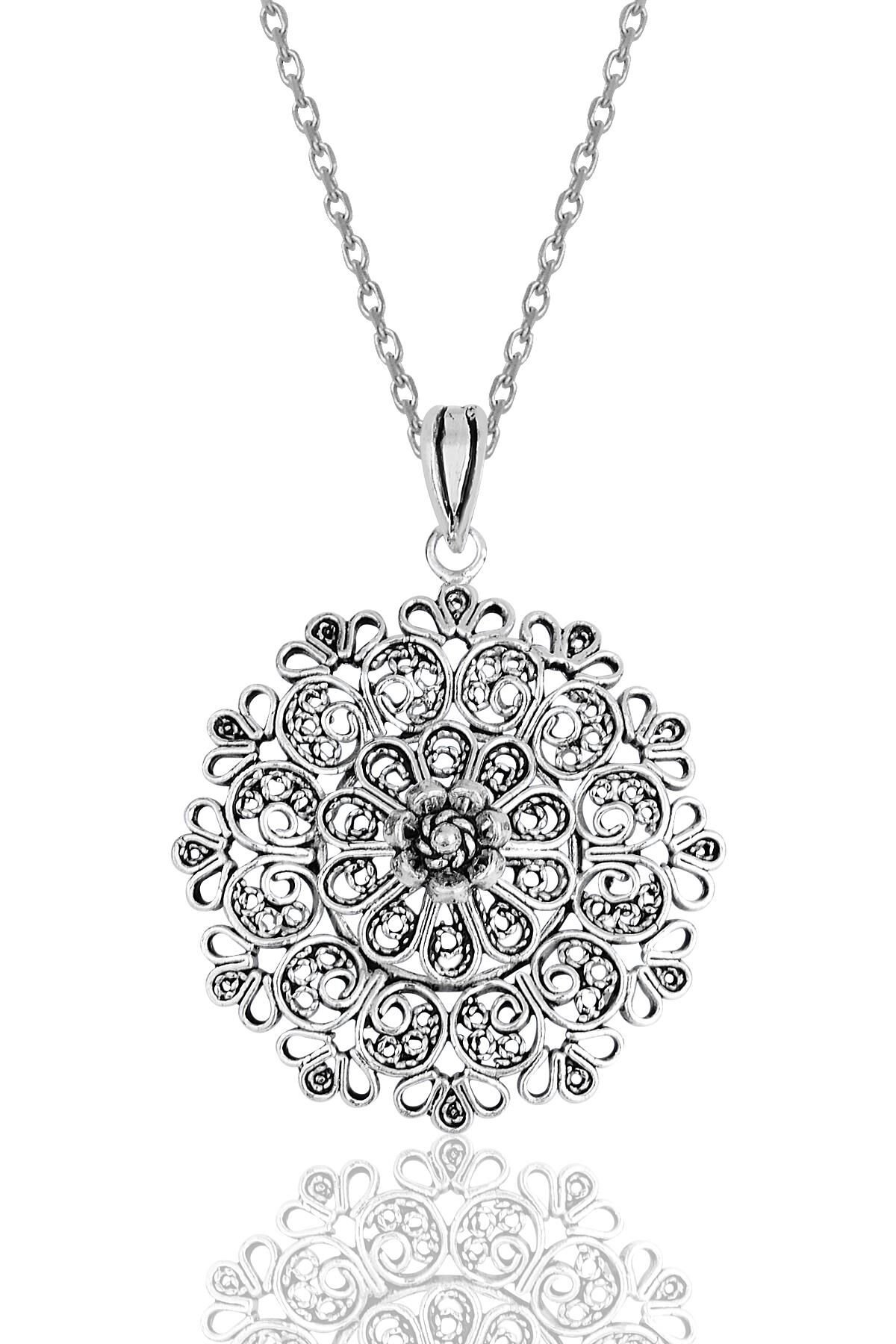 Gümüş oksitli  telkari işlemeli kolye SGTL11893SADE