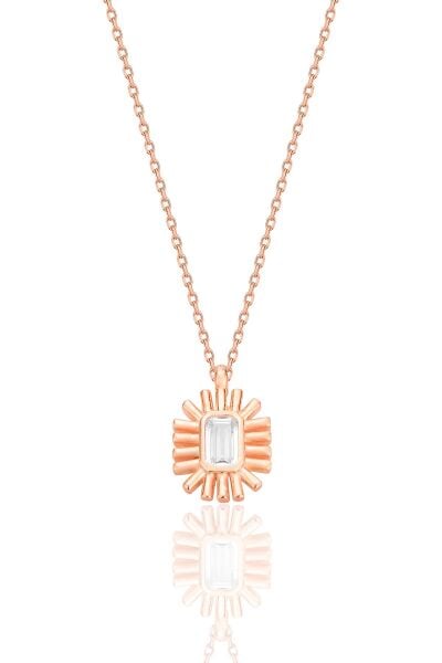 Gümüş rose baget kesim zirkon taşlı güneş ışığı kolye  SGTL12682ROSE