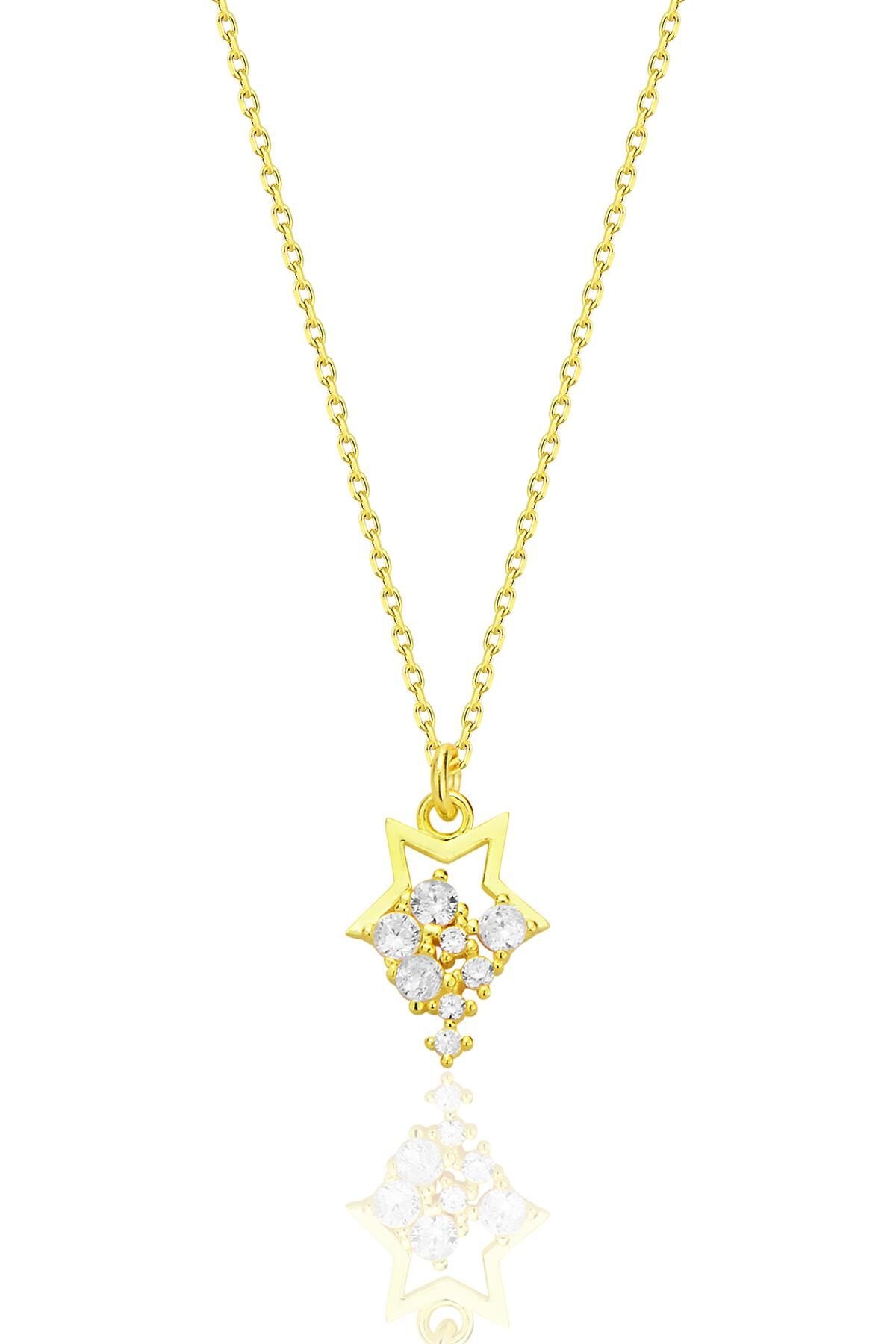 Gümüş altın yaldızlı zirkon taşlı yıldız yağmuru kolye SGTL12684GOLD