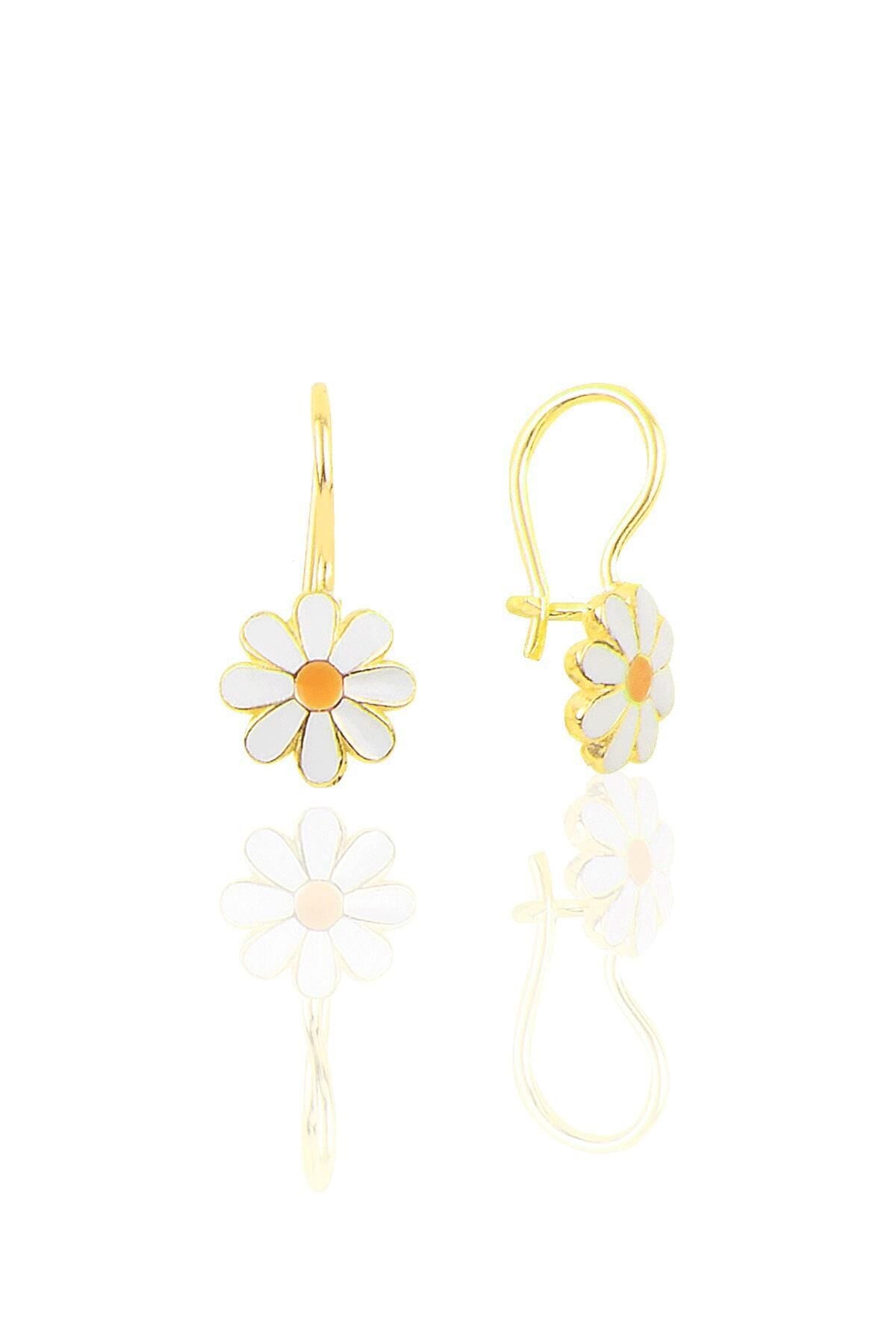 Gümüş altın yaldızlı mineli çengelli papatya küpe SGTL10415GOLD