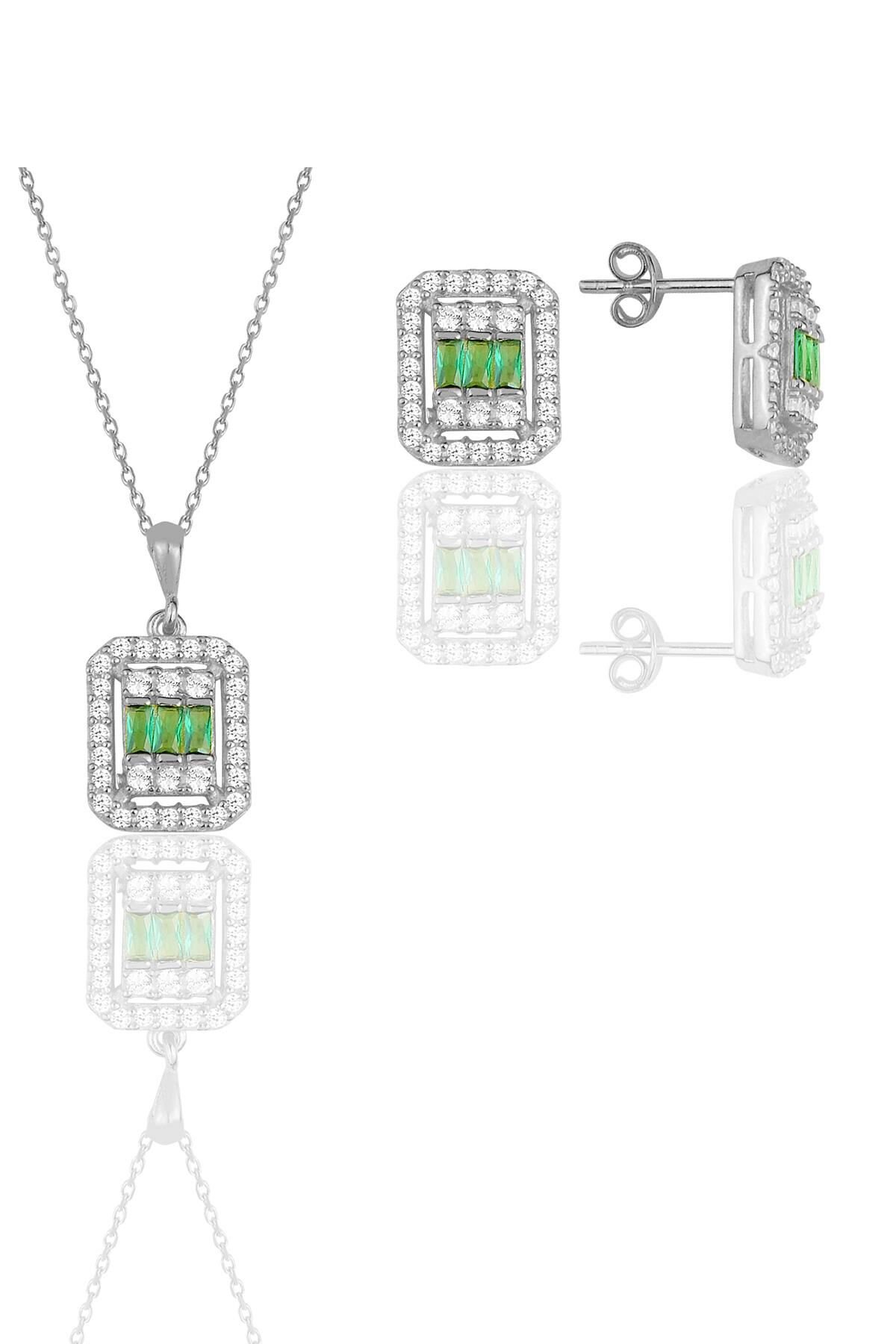 Gümüş beyaz altın rodyumlu baget kesim kök zümrüt taşlı çizgili ikili set SGTL11574YESIL