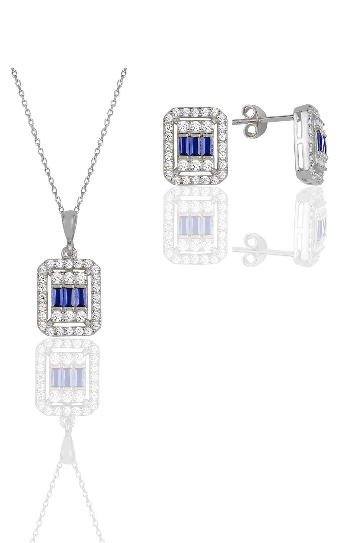 Gümüş beyaz altın rodyumlu baget kesim safir taşlı çizgili ikili set SGTL11574LACIVERT