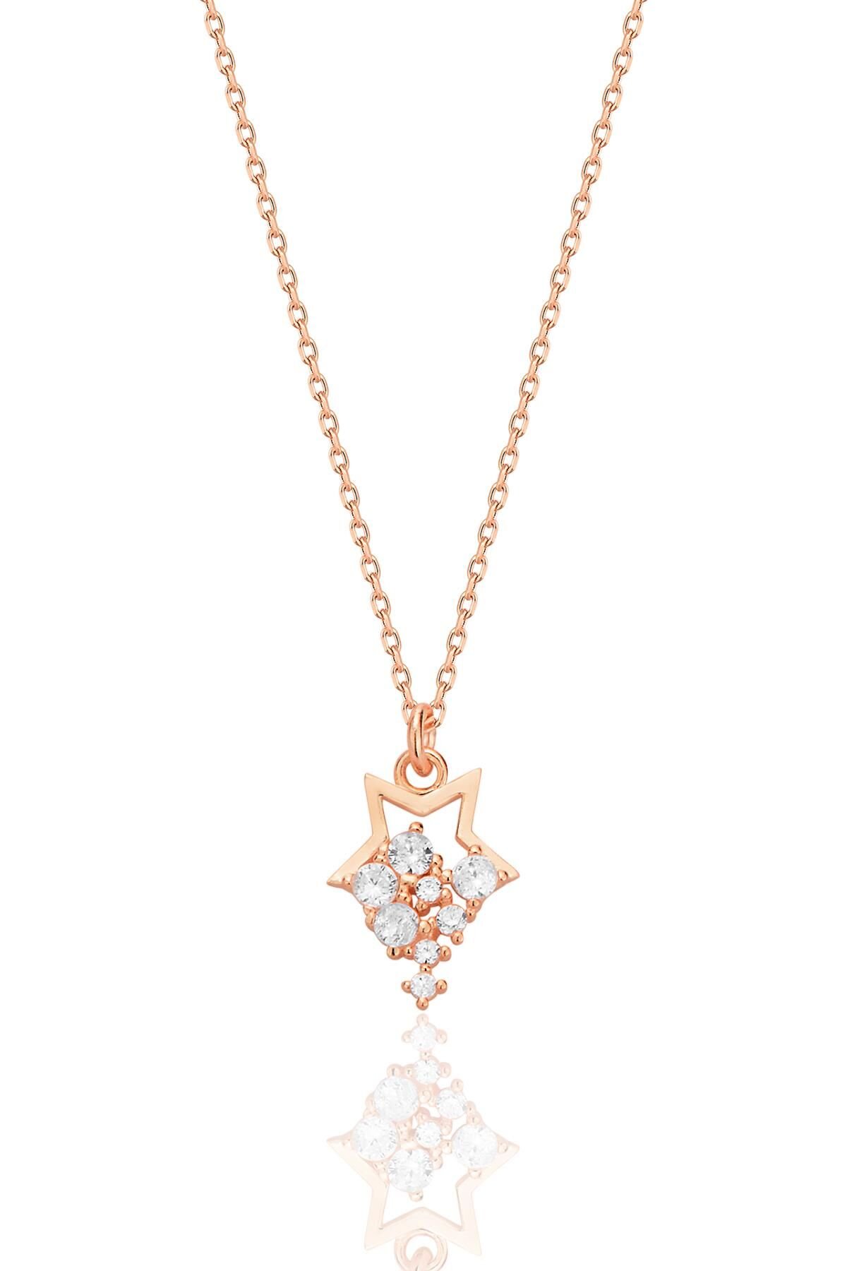 Gümüş rose zirkon taşlı yıldız yağmuru kolye SGTL12684ROSE