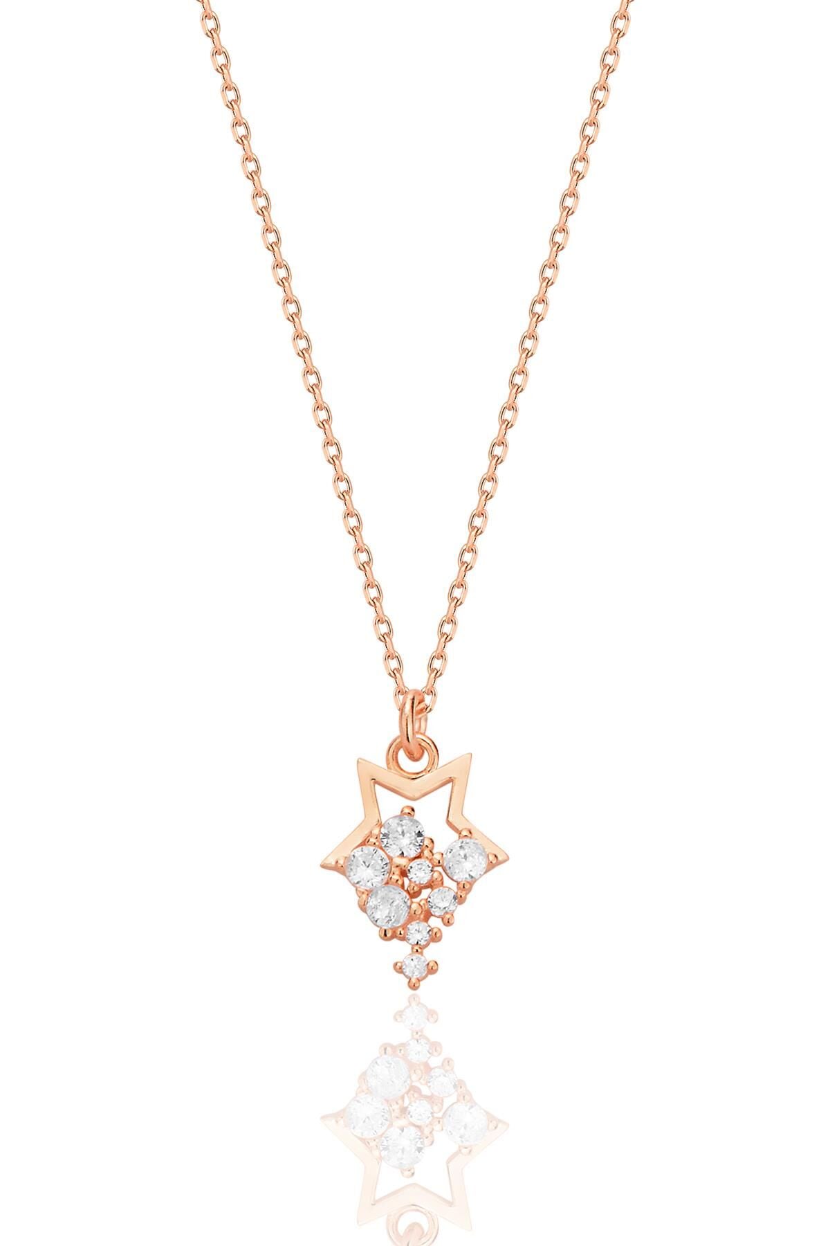 Gümüş rose zirkon taşlı yıldız yağmuru kolye SGTL12684ROSE