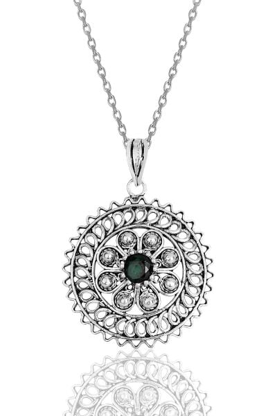 Gümüş yeşil taşlı oksitli telkari işlemeli kolye SGTL11892YESIL