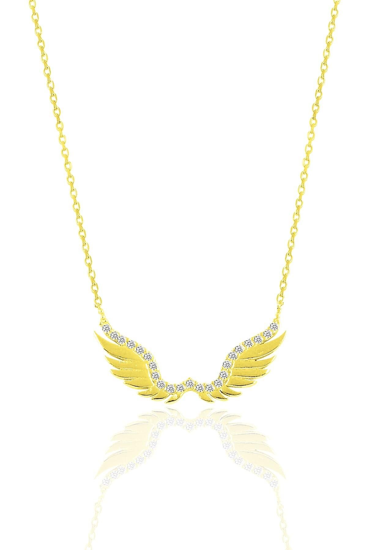 Gümüş altın yaldızlı zirkon taşlı özgürlüğün kanadı kolye SGTL10402GOLD