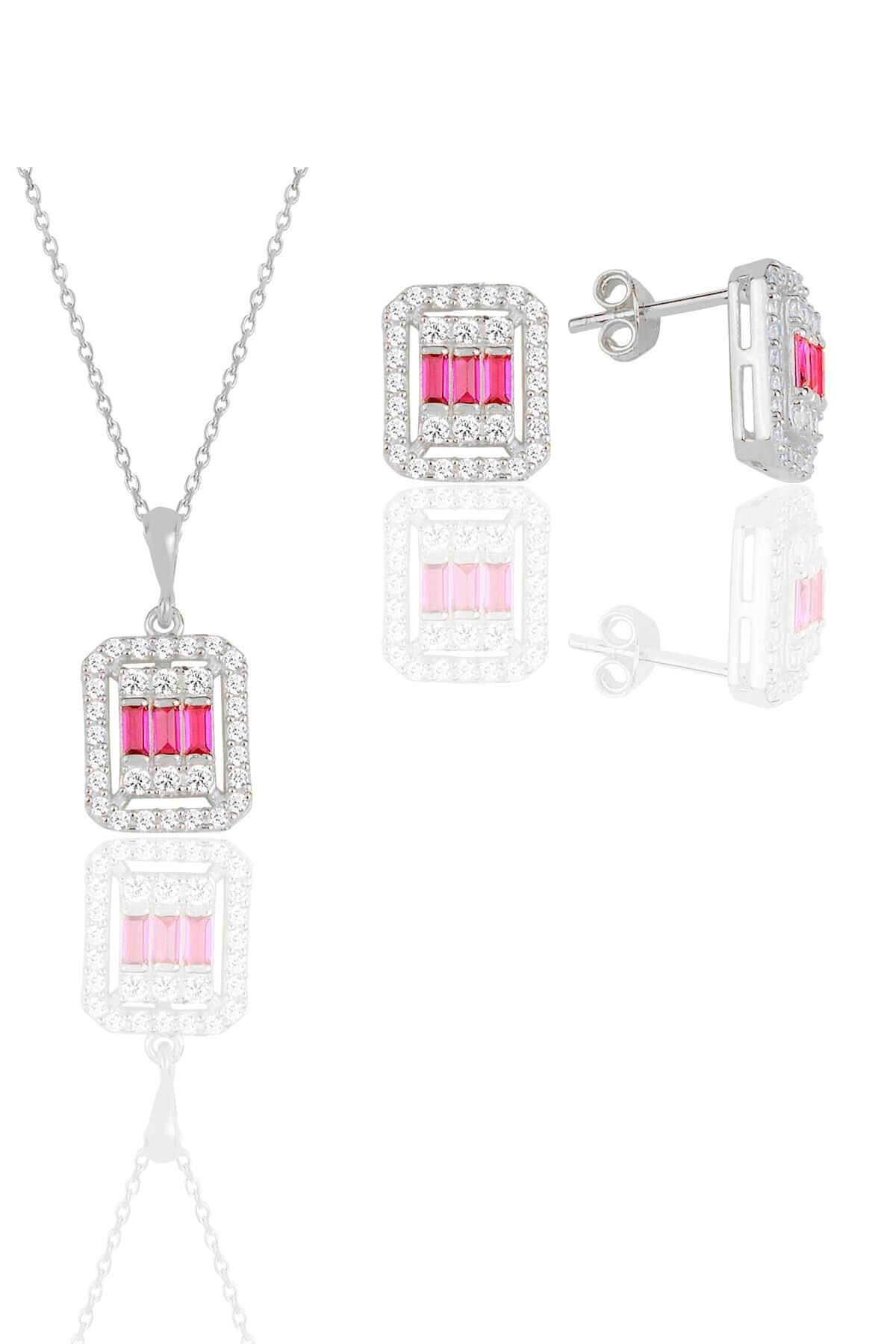 Gümüş beyaz altın rodyumlu baget kesim kök yakut taşlı ikiliüçlü set SGTL11574KIRMIZI