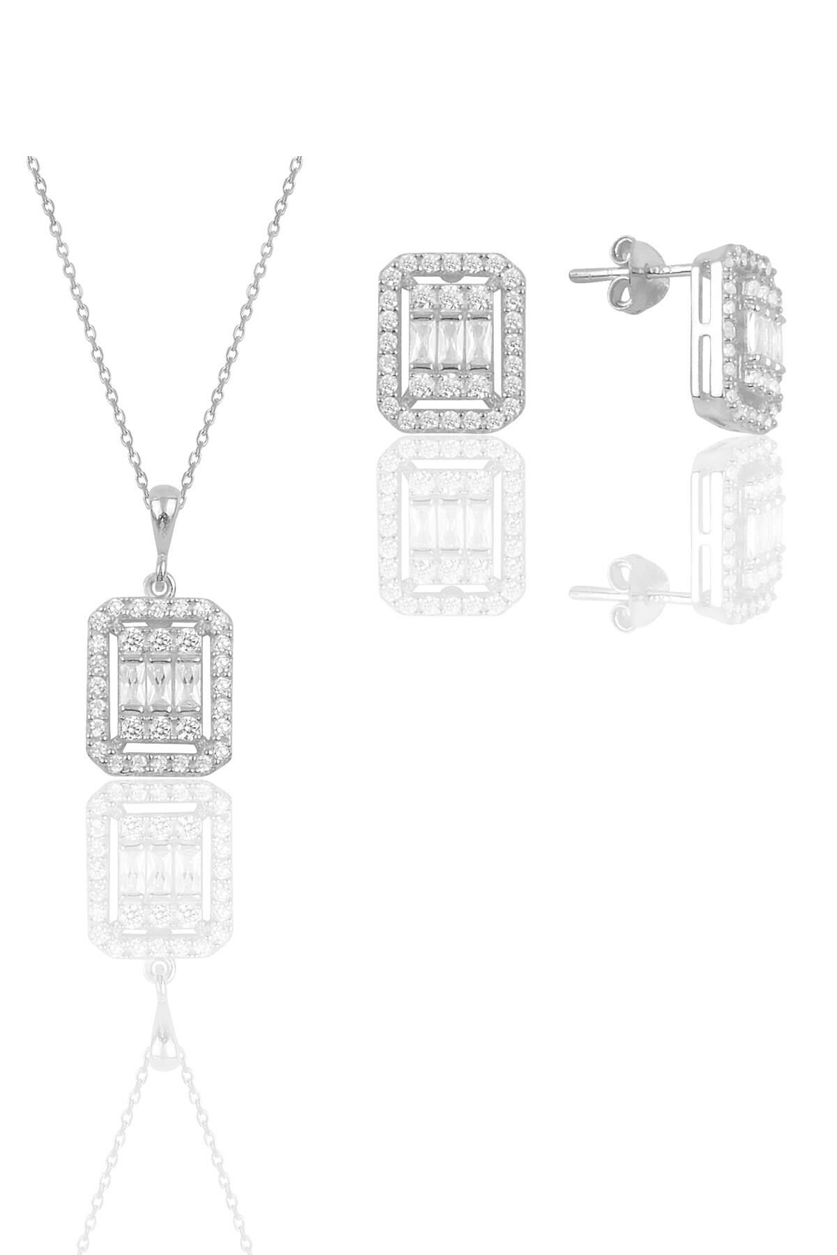 Gümüş beyaz altın rodyumlu baget kesim zirkon taşlı çizgili ikili set SGTL11574BEYAZ