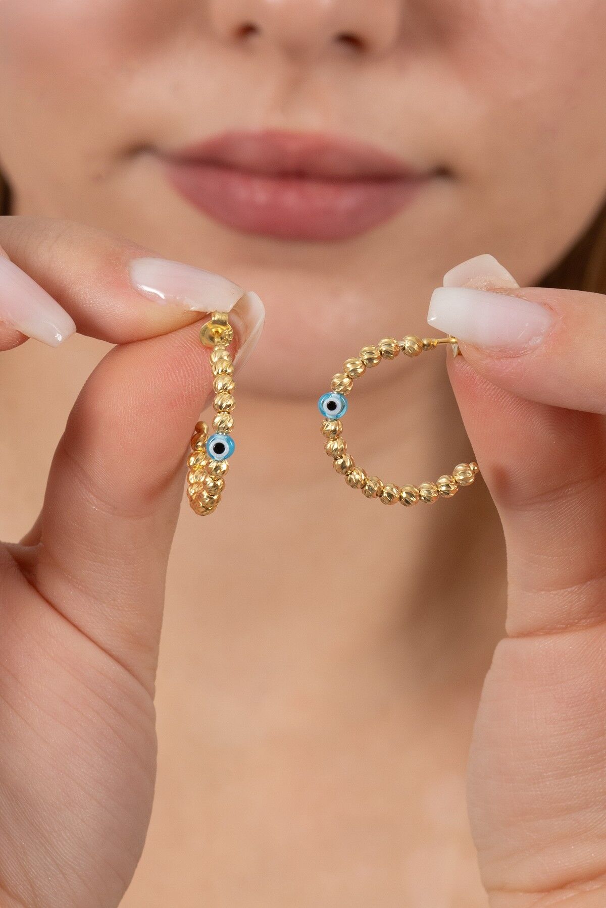925 ayar gümüş küpe altın yaldızlı 22 mm nazarlı dorica halka küpe SGTL13161GOLD