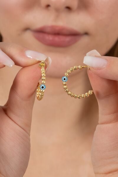 925 ayar gümüş küpe altın yaldızlı 22 mm nazarlı dorica halka küpe SGTL13161GOLD