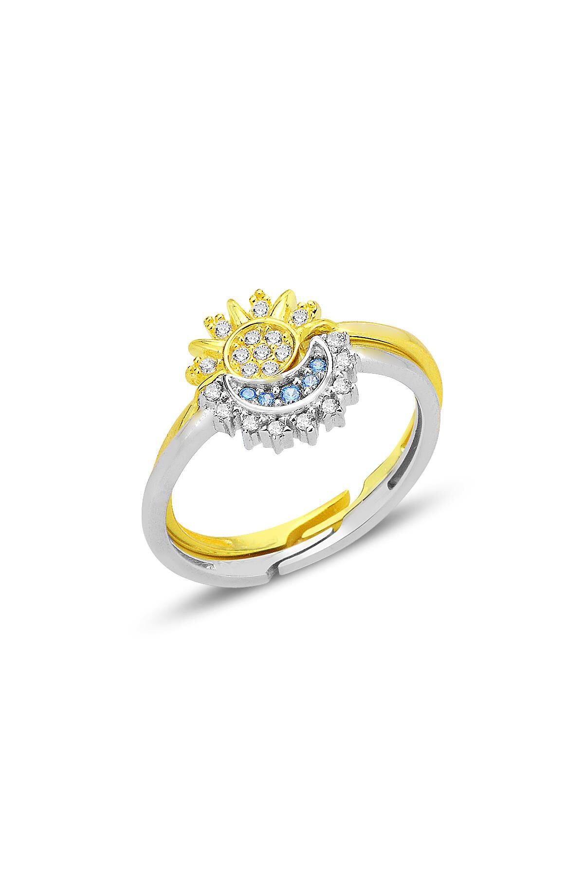 Gümüş akuamarin ve zirkon taşlı gece gündüz ayarlamalı yüzük  SGTL12686GOLD