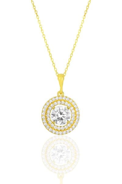 Gümüş altın yaldızlı zirkon taşlı pırlanta montürlü yuvarlak kolye SGTL12087GOLD