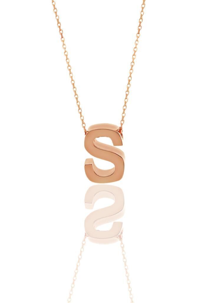 Gümüş rose üç boyutlu minimal  S  harf kolye SGTL11182-S
