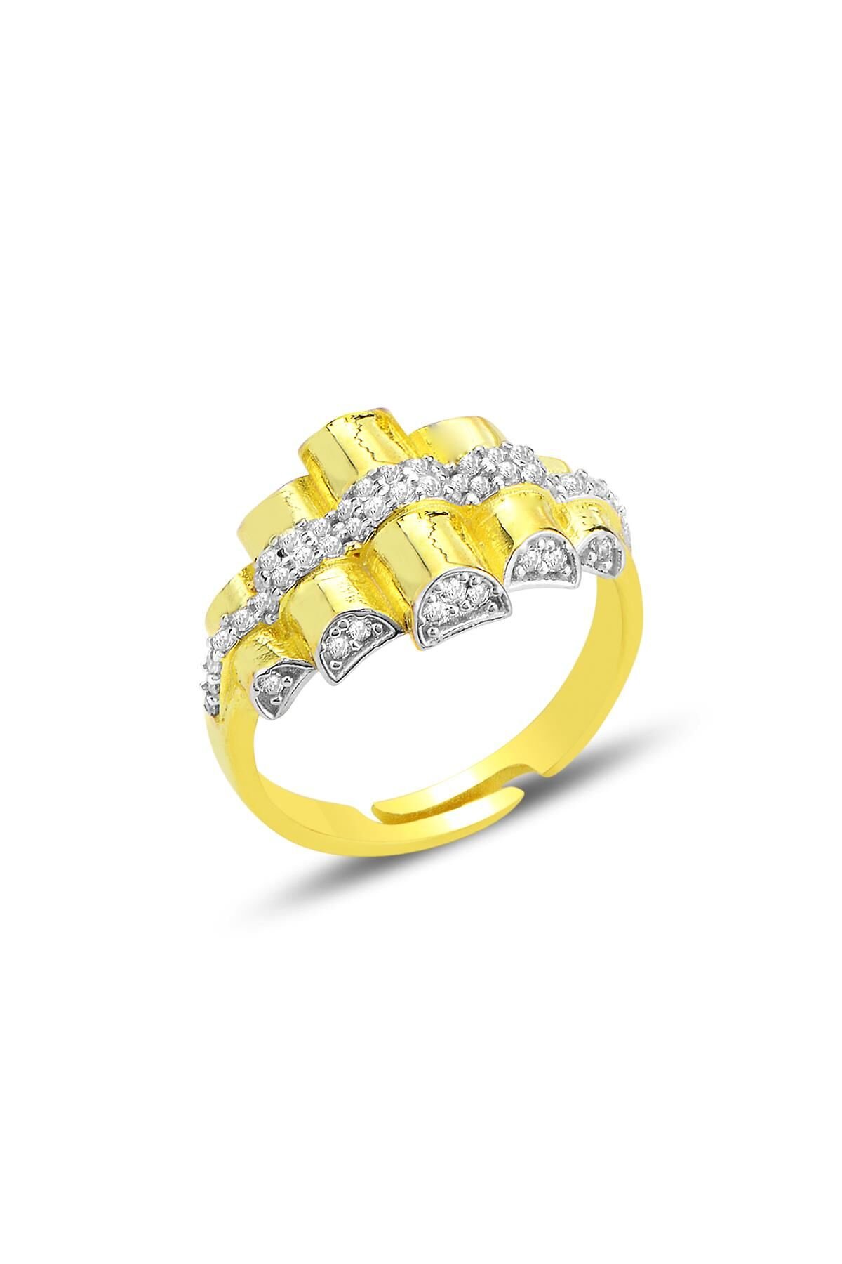 Gümüş altın yaldızlı zirkon taşlı piramit modeli ayarlamalı yüzük SGTL12687GOLD