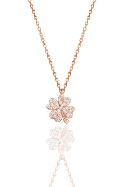 Gümüş rose zirkon taşlı dört yapraklı yonca kolye SGTL10499ROSE